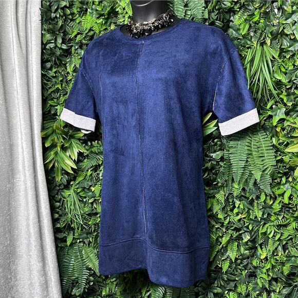 STITCHDROP Dress Women Large Blue Faux Suede‎ A Line Short Sleeve Lagenlook 1951 - Picture 1 of 10